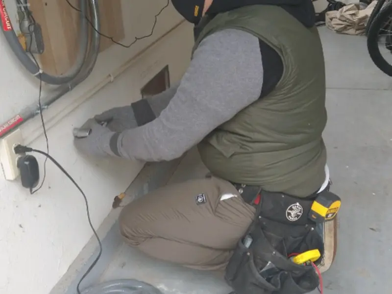 Electrician performing outlet wiring in a Sugar Grove garage